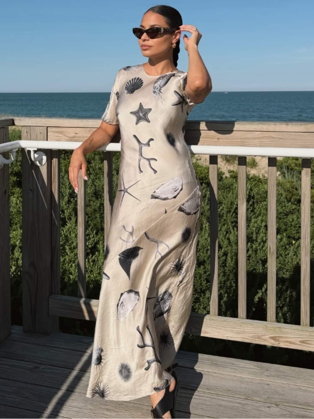 Silk Laundry Seashells Short Sleeve Bias Dress – Size M